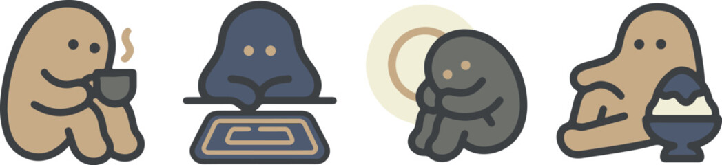 Cute Brown Blob Mascot Daily Life Vector Set. Kawaii Potato Character Drinking Coffee and Relaxing.