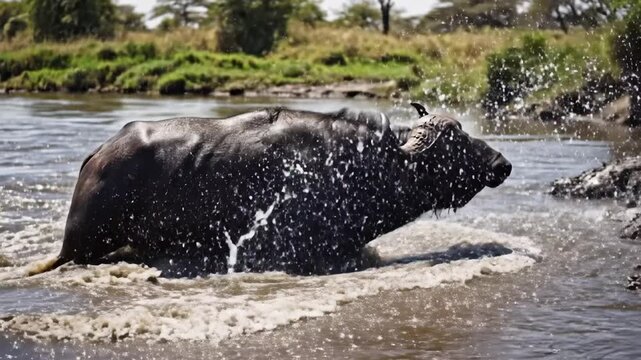 Cape Buffalo Crossing River with splashing water