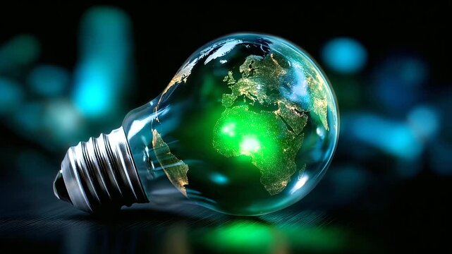 Significance of renewable energy sources illustrated by green world map light bulb, global sustainability symbol, clean power visualization, environmental awareness, eco-consciousn