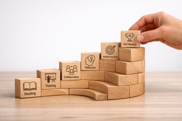 Professional Learning and Development Strategy with Wooden Blocks Showing Training Progress and Skill Mastery Concept