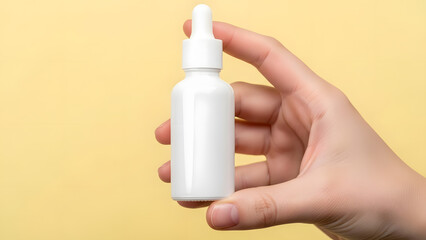 Hand holding white blank dropper bottle for cosmetics or medicine, unbranded packaging on yellow background