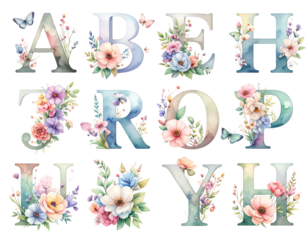  Pastel Spring Floral Alphabet A–H with Butterflies, Watercolor Letter Clipart, Isolated PNG