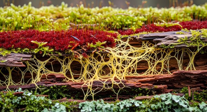 Bright Yellow Slime Mold Plasmodium Network on Decaying Forest Wood Macro