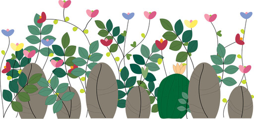 Illustration of a drawing of a garden with many colorful flowers, trees, leaves and branches.