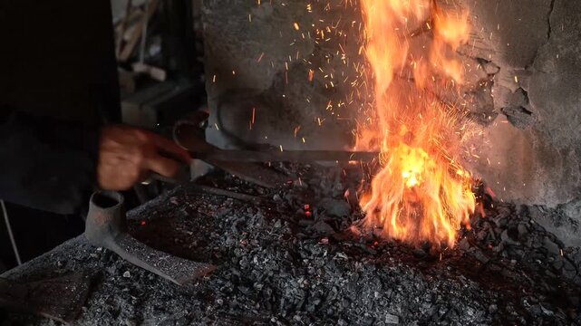 Sparks And Flame Burst From Blacksmith Furnace,