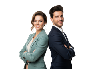 Business partners standing back to back demonstrating collaboration strength for joint venture announcement, alliance formation or co-founder introduction