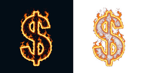 Dollar currency icon with a burning contour for pricing and checkout actions on payment screens, value marker for invoice totals, tax amounts and profit figures in bookkeeping software