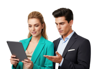 Tablet presentation with business consultant and manager reviewing project figures and report on a touchscreen device for client meeting, contract negotiation and team decision making