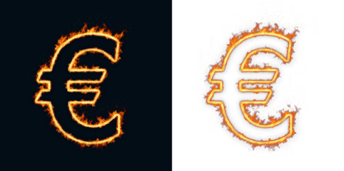 Euro currency sign on fire with sparks for Eurozone inflation stories, foreign exchange rate volatility and European Central Bank (ECB) interest decisions in business news and reporting graphics