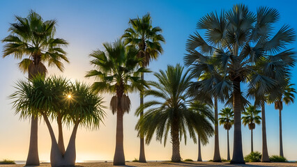 Obraz premium Palm Trees Silhouetted Against a Clear Blue Sky at Sunset.