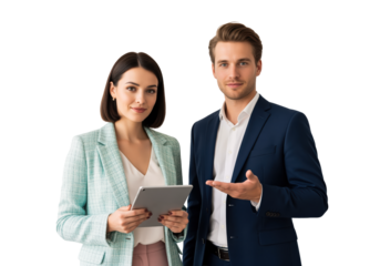 Consultation with an advisor explaining service options while a colleague checks details on a tablet, client support for account setup and billing approval in a business briefing session