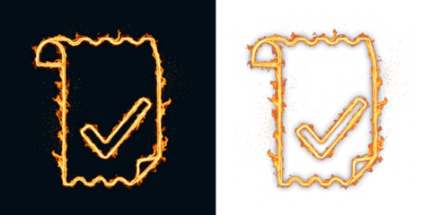 Burning document fire icon with checkmark shows urgent compliance task completion and financial debt clearance while flaming receipt paper indicates high energy expense or heated audit process