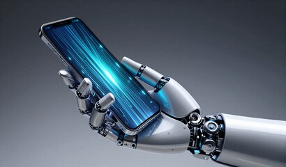 Robotic hand holds smartphone displaying glowing blue data streams, symbolizing futuristic technology and digital connectivity.