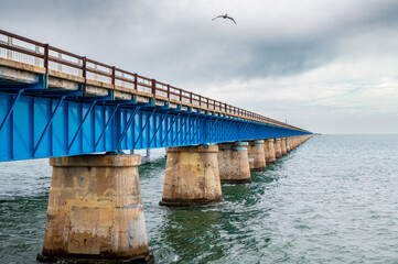 Obraz premium Seven Mile Bridge sous un ciel nuageux, avec un pélican en vol, The Keys, Floride