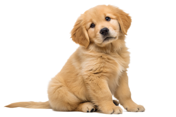 Cute golden retriever puppy sitting and looking at the camera. Adorable realistic puppy isolated on transparent background for children, family and pet content.