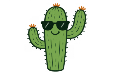Cool cactus cartoon character smiling, wearing sunglasses, displaying a cheerful and happy summer vibe, transparent background