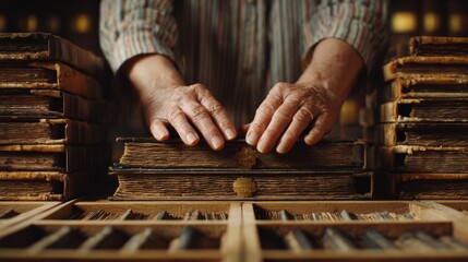 Medium shot focusing on hands placing fragile ancient manuscripts into acidfree archival boxes for enhanced preservation.