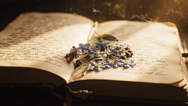 Delicate blue forget-me-not flowers pressed between the aged pages of an old handwritten journal with sunlight casting gentle shadows.