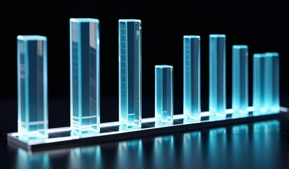 Blue translucent bars on dark surface, glowing softly. Modern minimalist design, sleek and futuristic aesthetic.