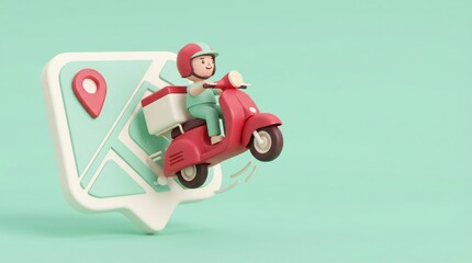 3D cartoon delivery courier riding red scooter out of map location pin