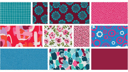 Collection of vibrant and colorful fabric patterns and textures vector
