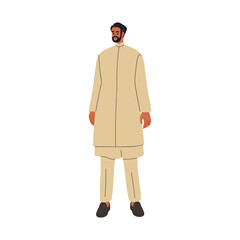 Obraz premium Indian man, groom standing in traditional wedding attire, ethnic national sherwani clothes. Bridegroom from India in kurta and pajama trousers. Flat vector illustration isolated on white background