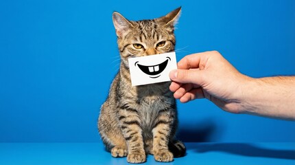 Hand holding card with drawn smile over tabby cat mouth on blue background