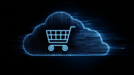 Glowing cloud technology icon representing online shopping and global e-commerce network with digital connectivity and futuristic data flow concept