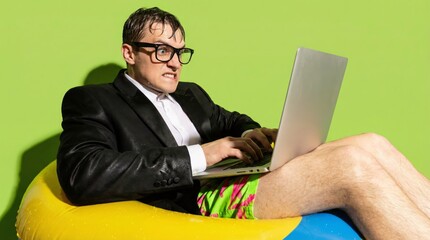 Wet businessman in suit and swim trunks typing on laptop on inflatable ring