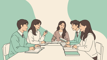 group of students studying together in a classroom engaging with books and reading materials