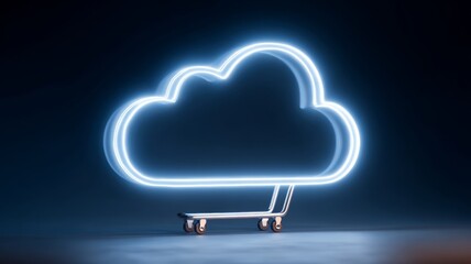 Glowing cloud technology icon representing online shopping and global e-commerce network with digital connectivity and futuristic data flow concept