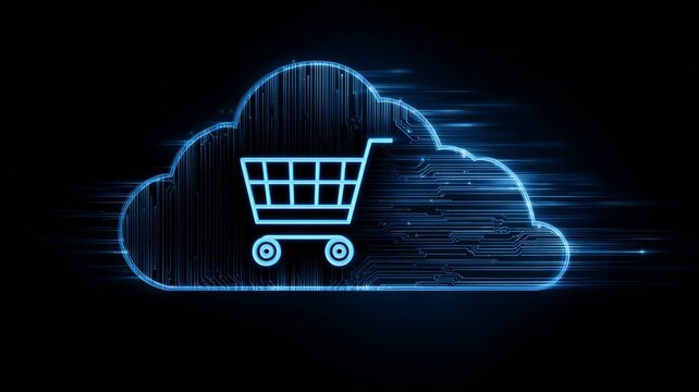 Glowing cloud technology icon representing online shopping and global e-commerce network with digital connectivity and futuristic data flow concept - Powered by Adobe