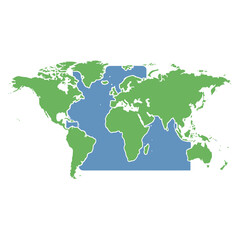 World Map Illustration with Green Continents and Blue Ocean.
