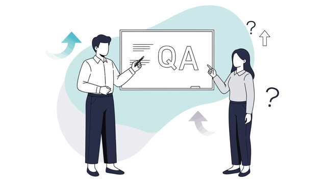 Quality Assurance Process Illustration Showing Team Members Discussing Questions QA Framework