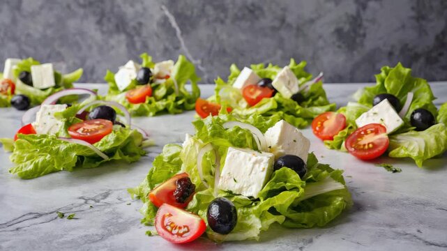 A collection of colorful vegetable salads served in small portions, each containing lettuce, cherry tomatoes, and blueberries. A variety of appetizers ready to be enjoyed.