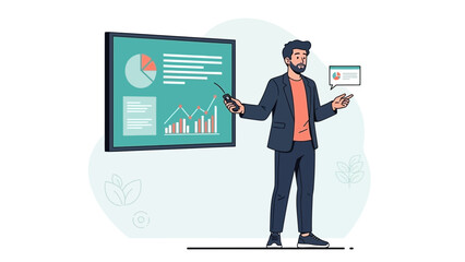 professional businessman giving a data presentation with charts and graphs in a modern office