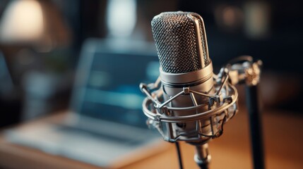 Condenser microphone in a home recording studio with content creator using laptop for podcast, live streaming, radio broadcast, and voice-over recording at modern home setup