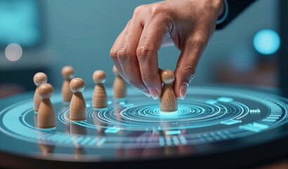 Hand selects central wooden figure among peers on glowing digital interface, symbolizing leadership or decision-making.