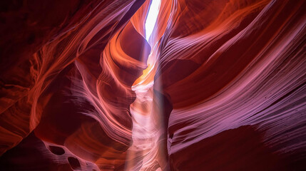 Majestic Antelope Canyon, a natural slot canyon with vibrant red sandstone formations, dramatic light beam, geological wonder, travel destination, earthy tones, serene beauty, abstract patterns.