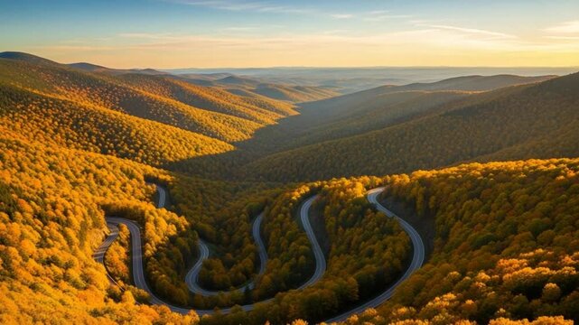 Winding Road Through the Mountains: An aerial perspective captures a serpentine road weaving through a valley, flanked by autumnal trees under a warm sunset glow, creating a captivating scene.
