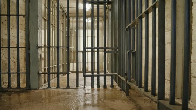 Dark, empty jail cell with metal bars and a soiled floor.
