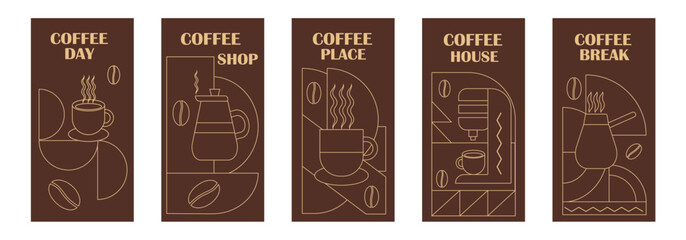 Coffee Themed Geometric Banners Collection. Hand drawn illustration of Coffee. Abstract geometric line background. Coffee icons, line design with simple shapes for coffee shops, product packaging, caf