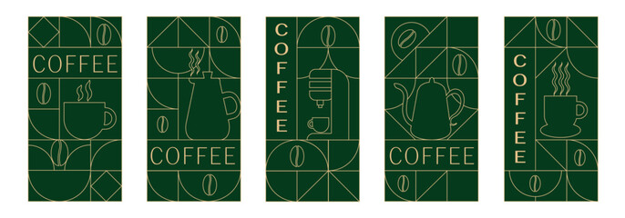 Coffee Themed Geometric Banners Collection. Hand drawn illustration of Coffee. Abstract geometric line background. Coffee icons, line design with simple shapes for coffee shops, product packaging, caf