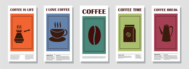 Coffee Themed Geometric Banners Collection. Hand drawn illustration of Coffee. Abstract geometric line background. Coffee icons, line design with simple shapes for coffee shops, product packaging, caf