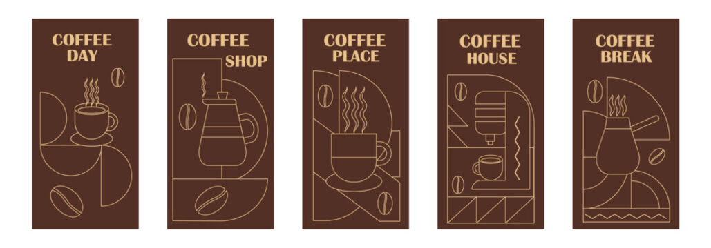 Coffee Themed Geometric Banners Collection. Hand drawn illustration of Coffee. Abstract geometric line background. Coffee icons, line design with simple shapes for coffee shops, product packaging, caf