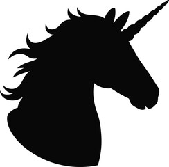 Black silhouette unicorn head profile vector illustration fantasy horse animal with horn and mane design graphic element isolated © Azijul