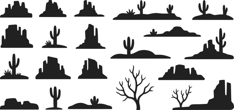 Desert landscape silhouettes set with cacti, rocks, mesas and dry trees, western nature scenery icons isolated on white background