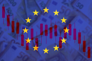 European Union economic downturn - Stock market chart with falling candles over EU flag and Euro banknotes. Concept for Eurozone financial crisis, inflation, and European budget instability