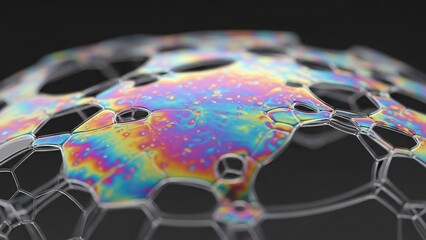 Close-up of a vibrant, iridescent soap bubble film showing a complex geometric pattern of colors and light refraction