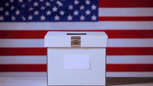 A voting booth set up for an election with a patriotic backdrop.